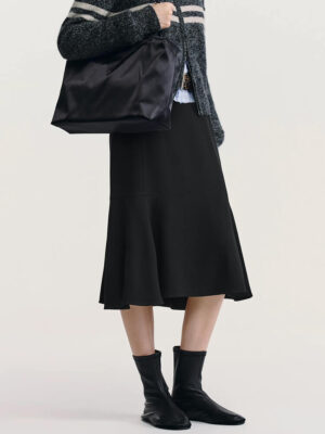 Asymmetrical Flared Hem Elegant Black Midi Skirt