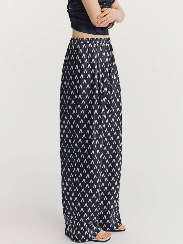 High-Waisted Letter Print Satin Palazzo Pants - Image 2