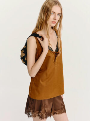 V-Neck Buttoned Brown Casual Tank