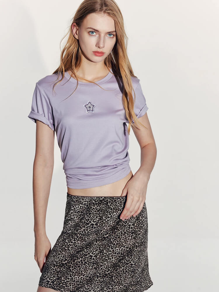 Y2K Pastel Purple Star Embroidered Tee