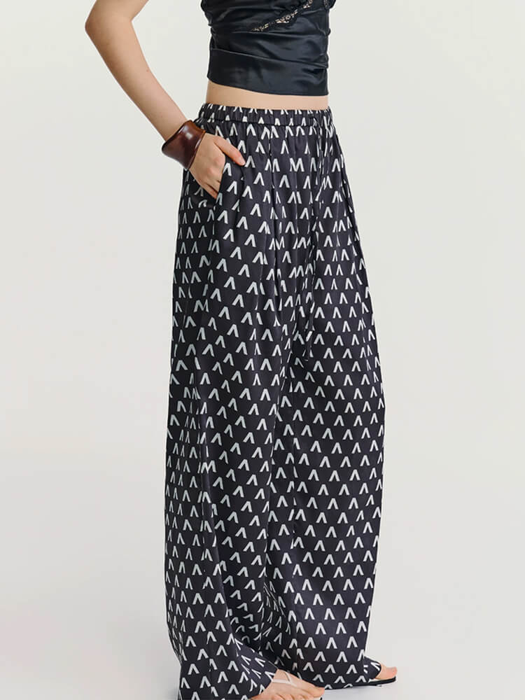 High-Waisted Letter Print Satin Palazzo Pants - Image 3