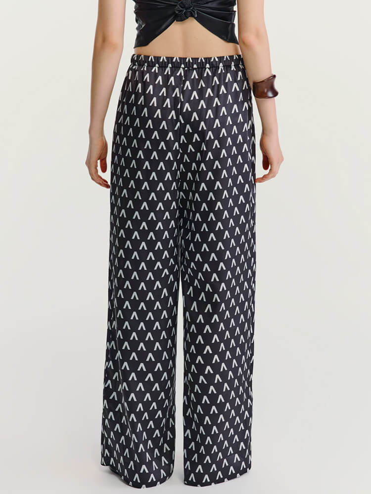 High-Waisted Letter Print Satin Palazzo Pants - Image 5