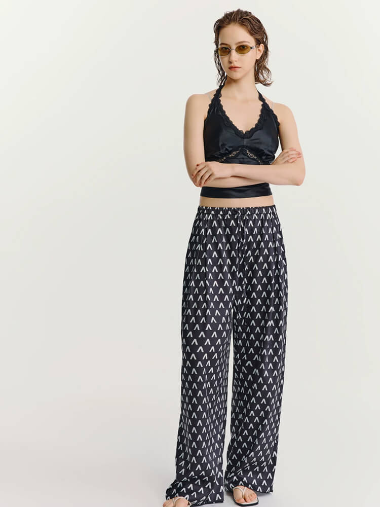 High-Waisted Letter Print Satin Palazzo Pants - Image 6